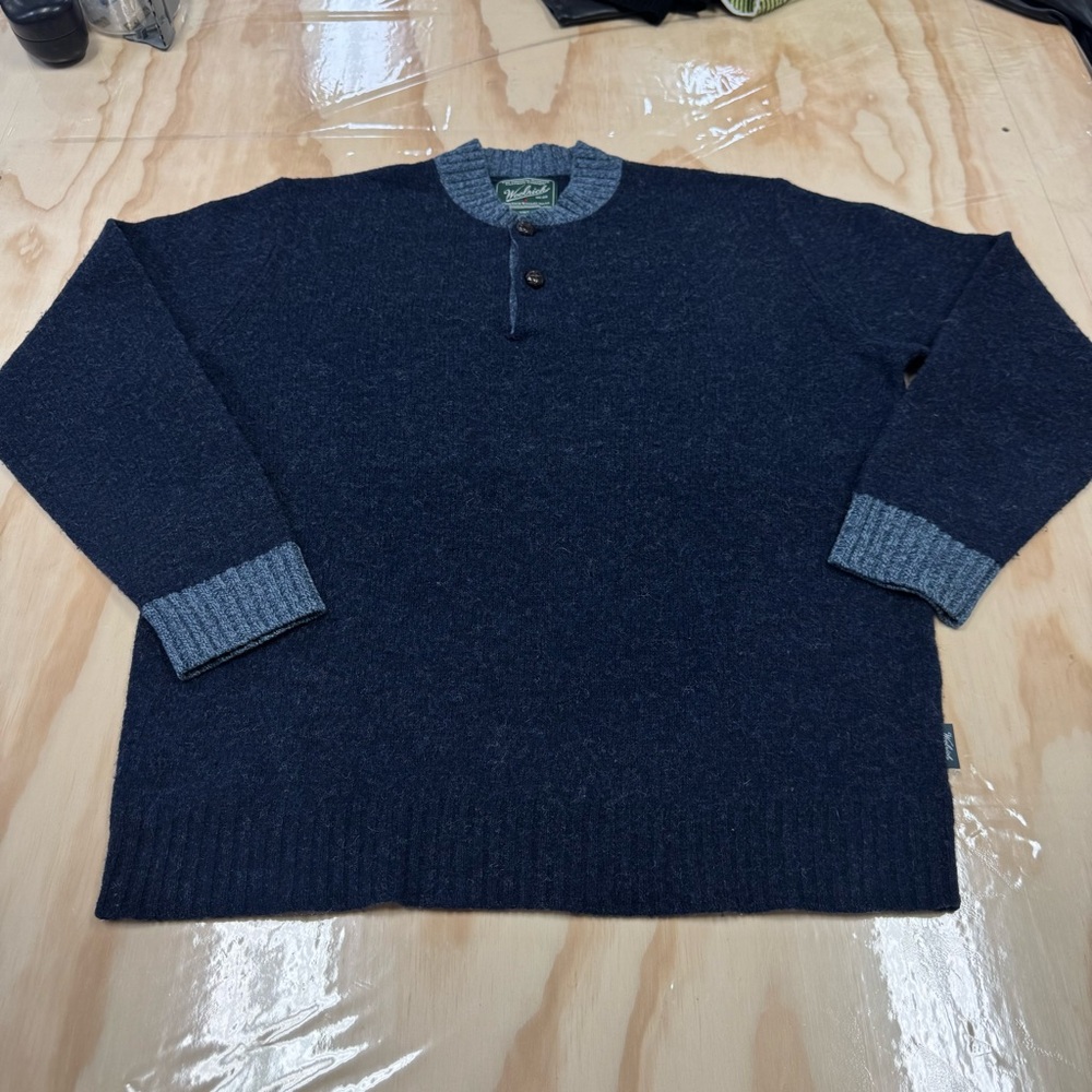 NWOT Woolrich Men's 100% Wool 1/4 Button Dark Blue‎ Crew Neck Mohair Sweater Lg
